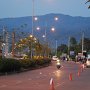 Beautiful mountain scenery in the background is seen near the finish line.