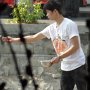 At the restaurant called "The Moat", the man running the restaurant at the time stepped out to feed the birds.